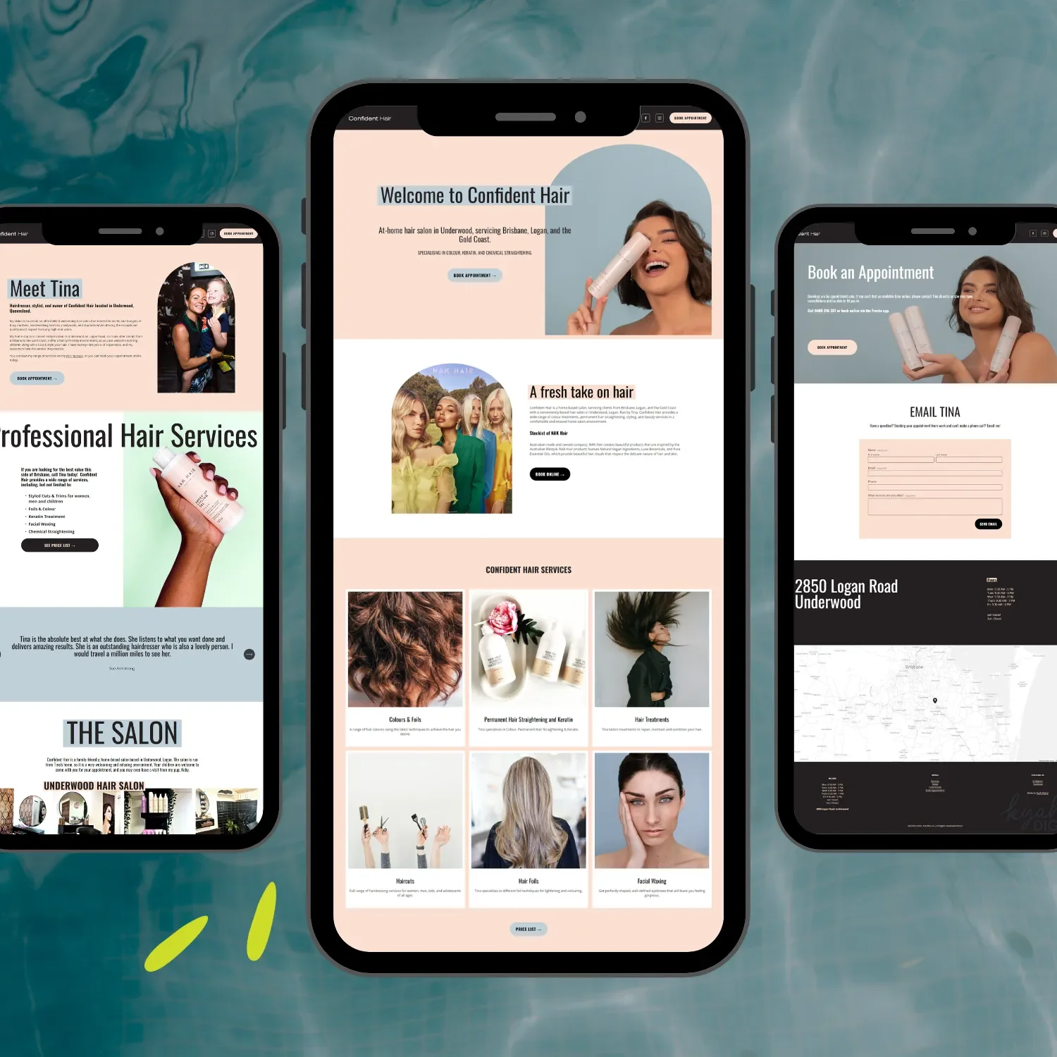 Confident Hair website shown on iPhone, designed by Gold Coast Squarespace website designer - Kyah Digital.