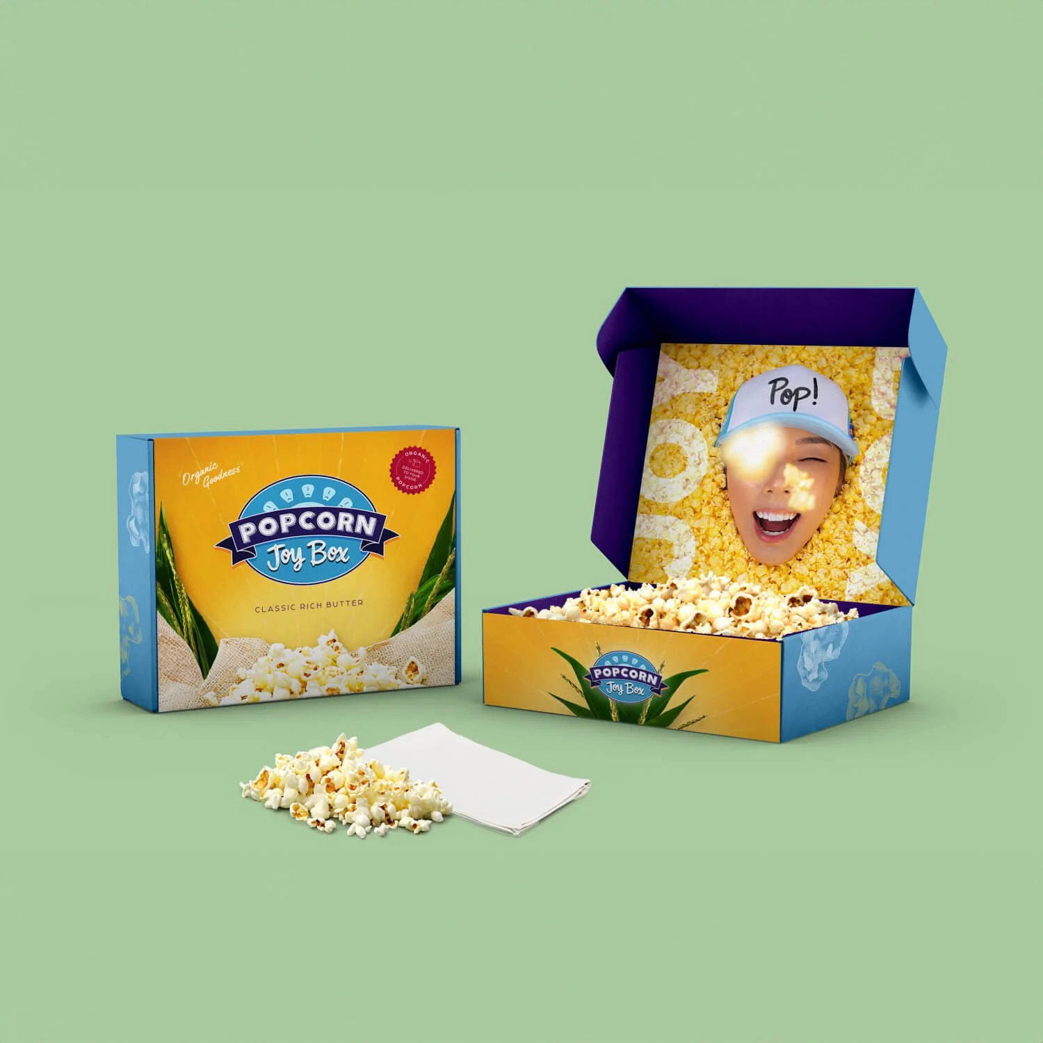 Popcorn Joy Box branding and packaging designed by graphic designer & motion designer, Moore Motion Design