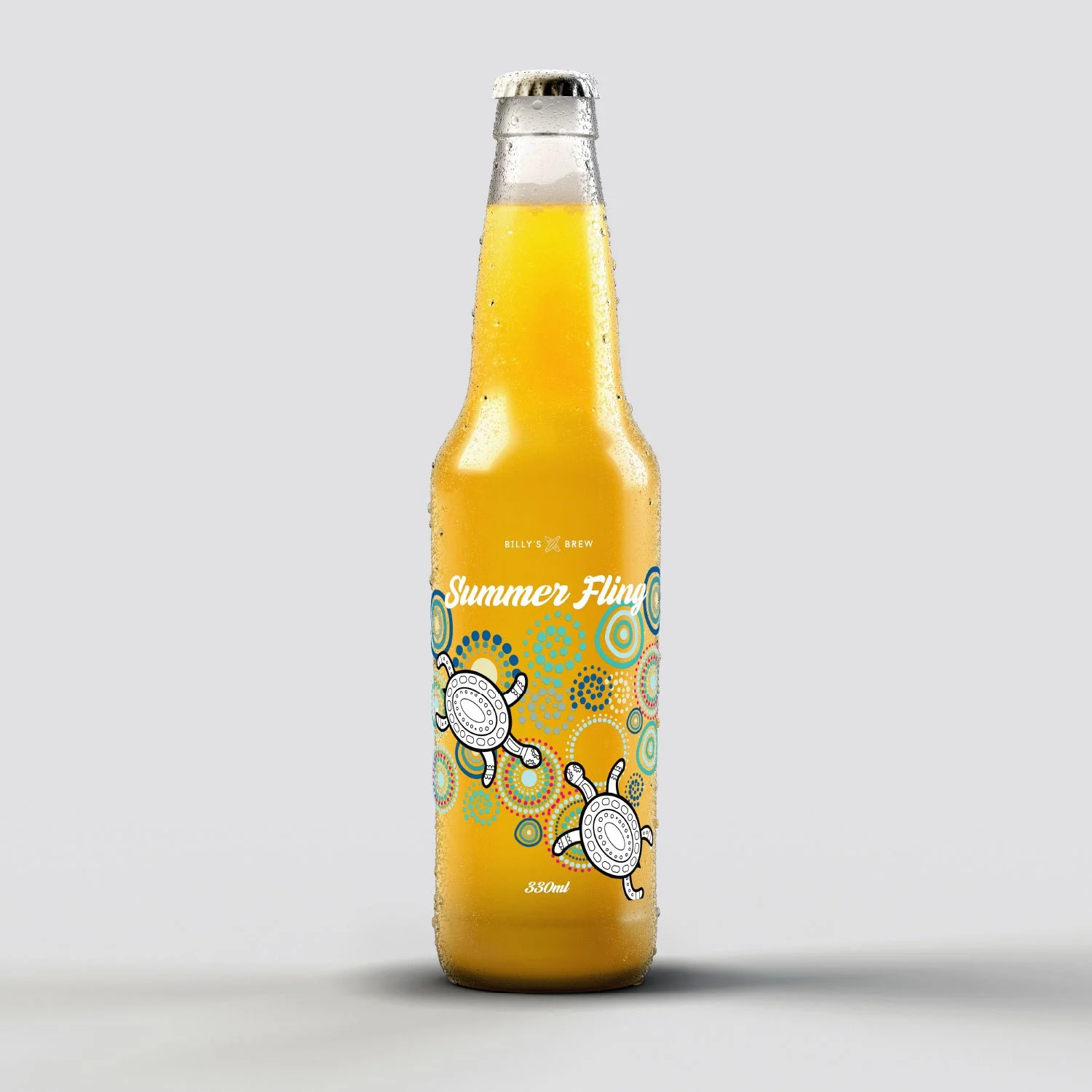 Summer Fling brewery label design shown on a ice gold bottle by Gold Coast brand designer Poppy & Seed Studio