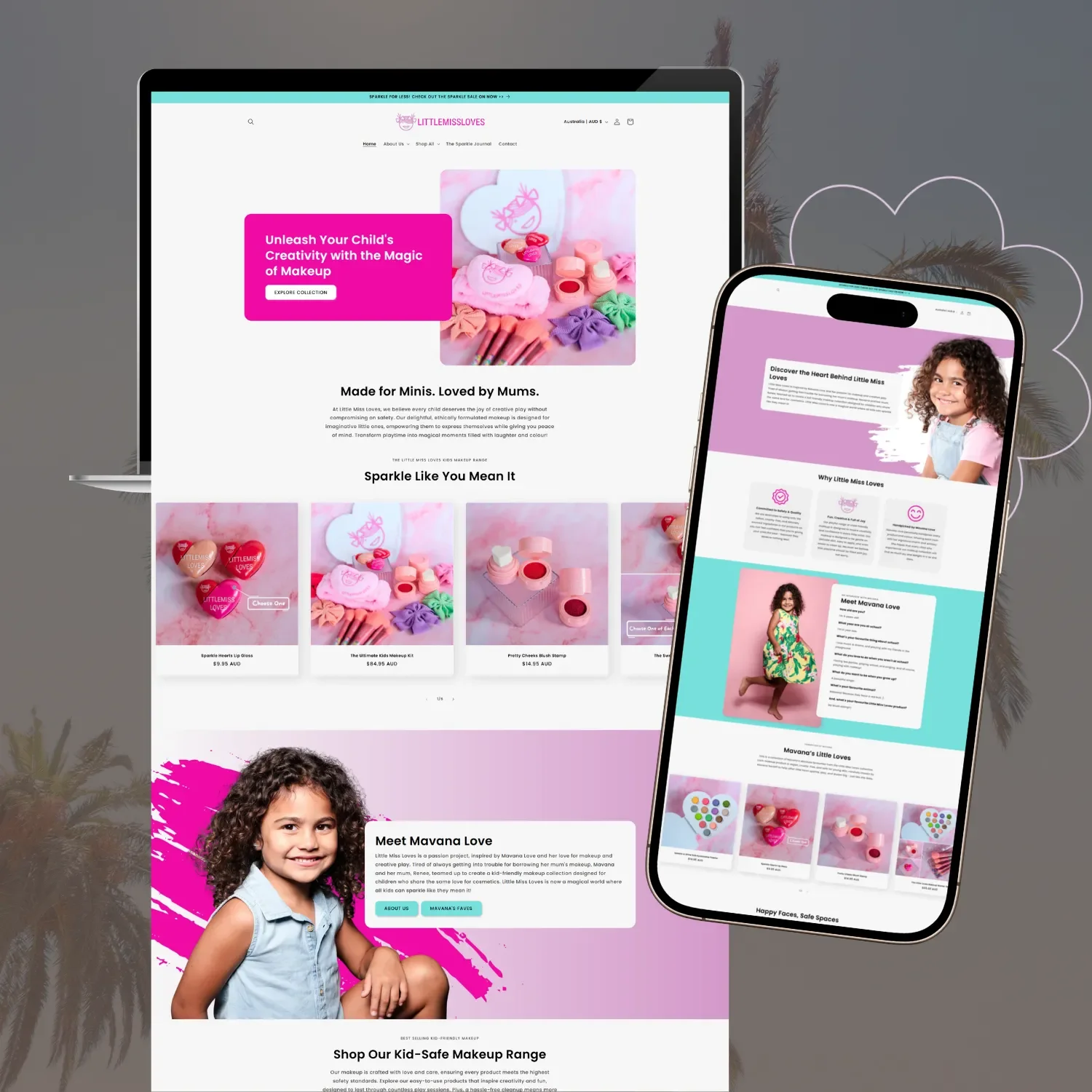 Little Miss Loves website shown on laptop and iPhone, designed by Gold Coast Squarespace website designer - Kyah Digital.