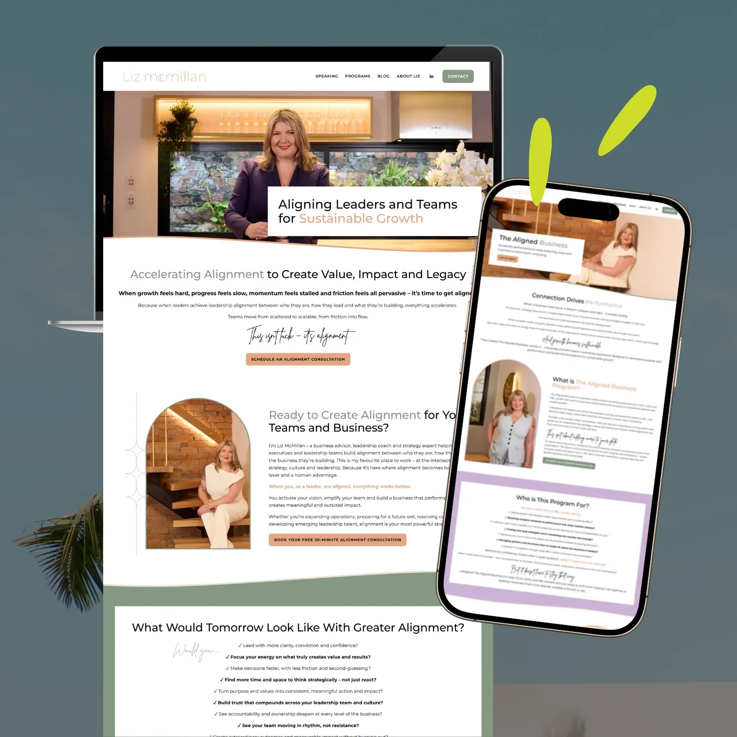 Liz McMillan website shown on laptop and iPhone, designed by Gold Coast Squarespace website designer - Kyah Digital.