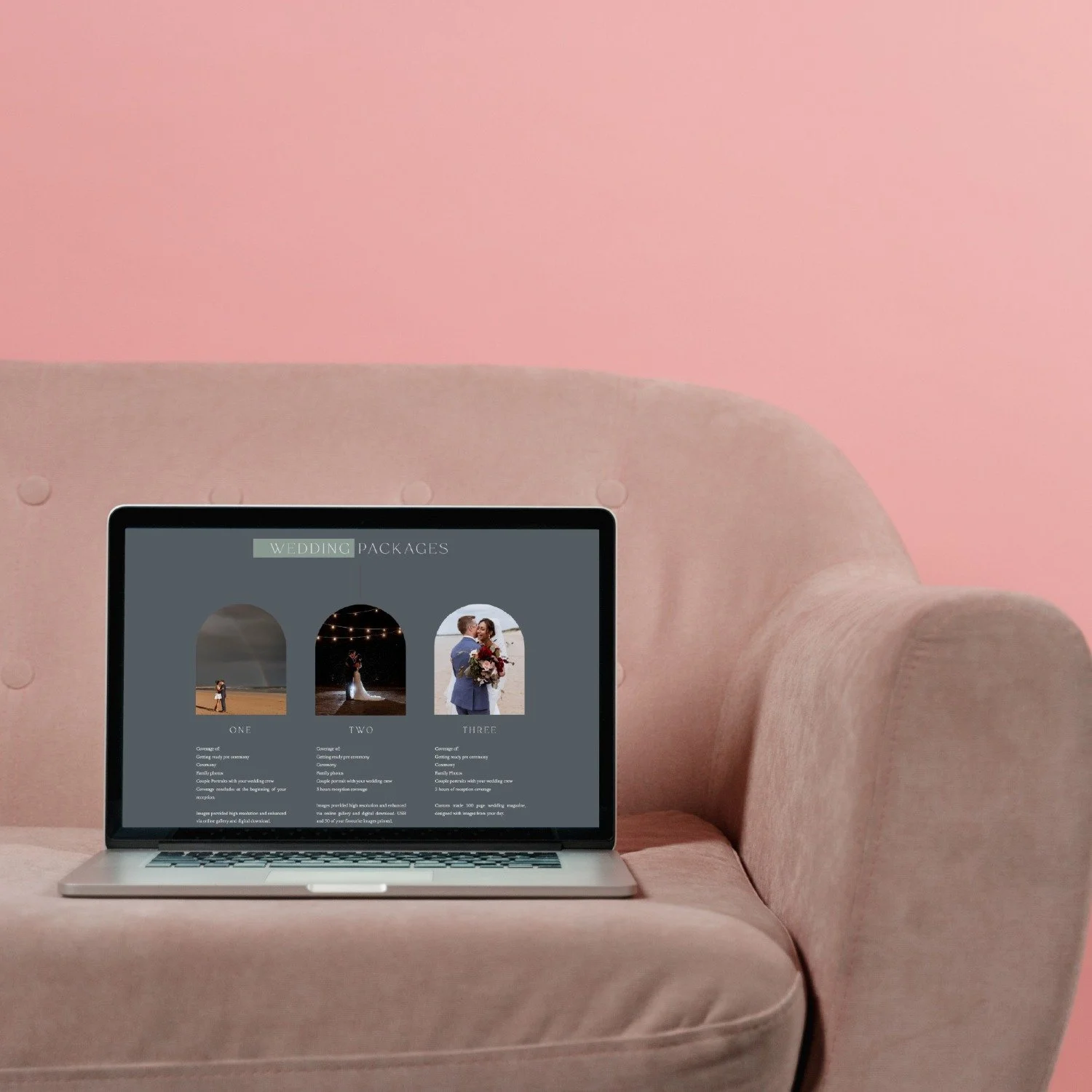 Showit website design shown on laptop placed on pink armchair, designed by Melbourne brand & Showit website designer - A Tactile Perception.