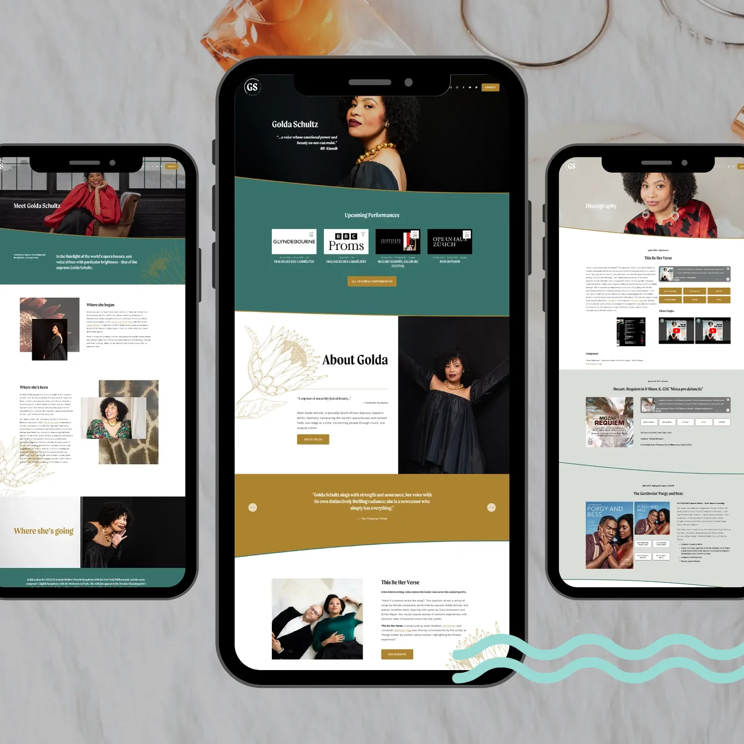 Golda Schultz website shown on iPhone, designed by Gold Coast Squarespace website designer - Kyah Digital.