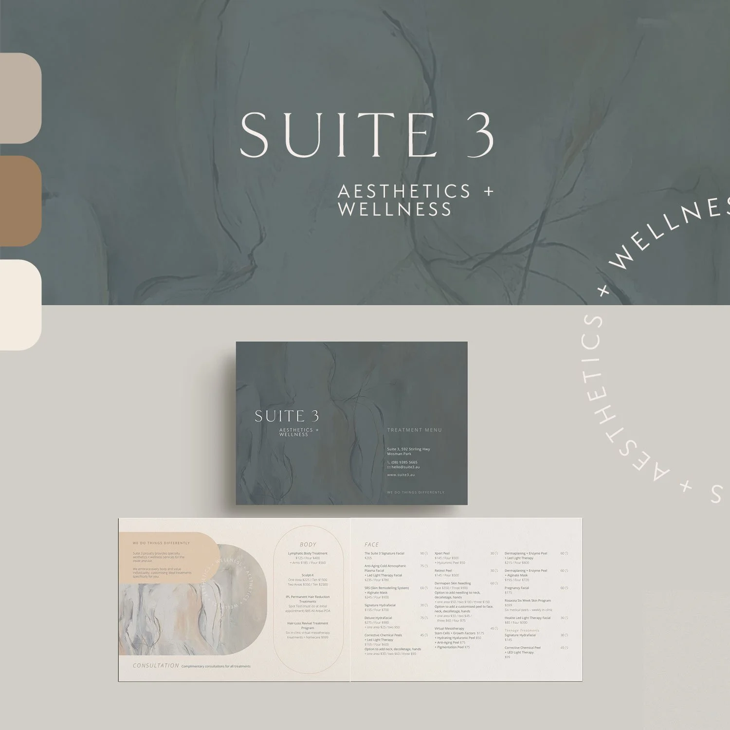 Suite 3 Aesthetics + Wellness logo and brochure designed by Light & Day Creative