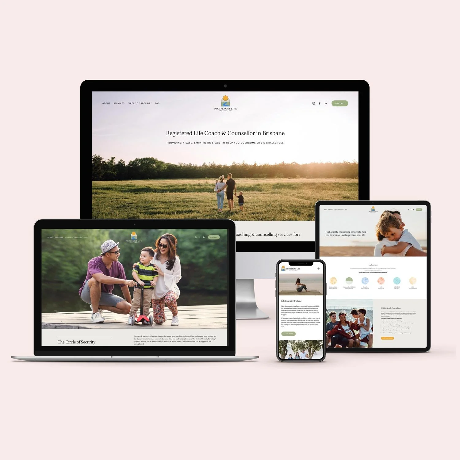 Prosperous Life website design as shown on desktop computer, laptop, iPad and iPhone, designed by Perth Squarespace website designer, brand expert and educator - Joanne Tapodi Creative