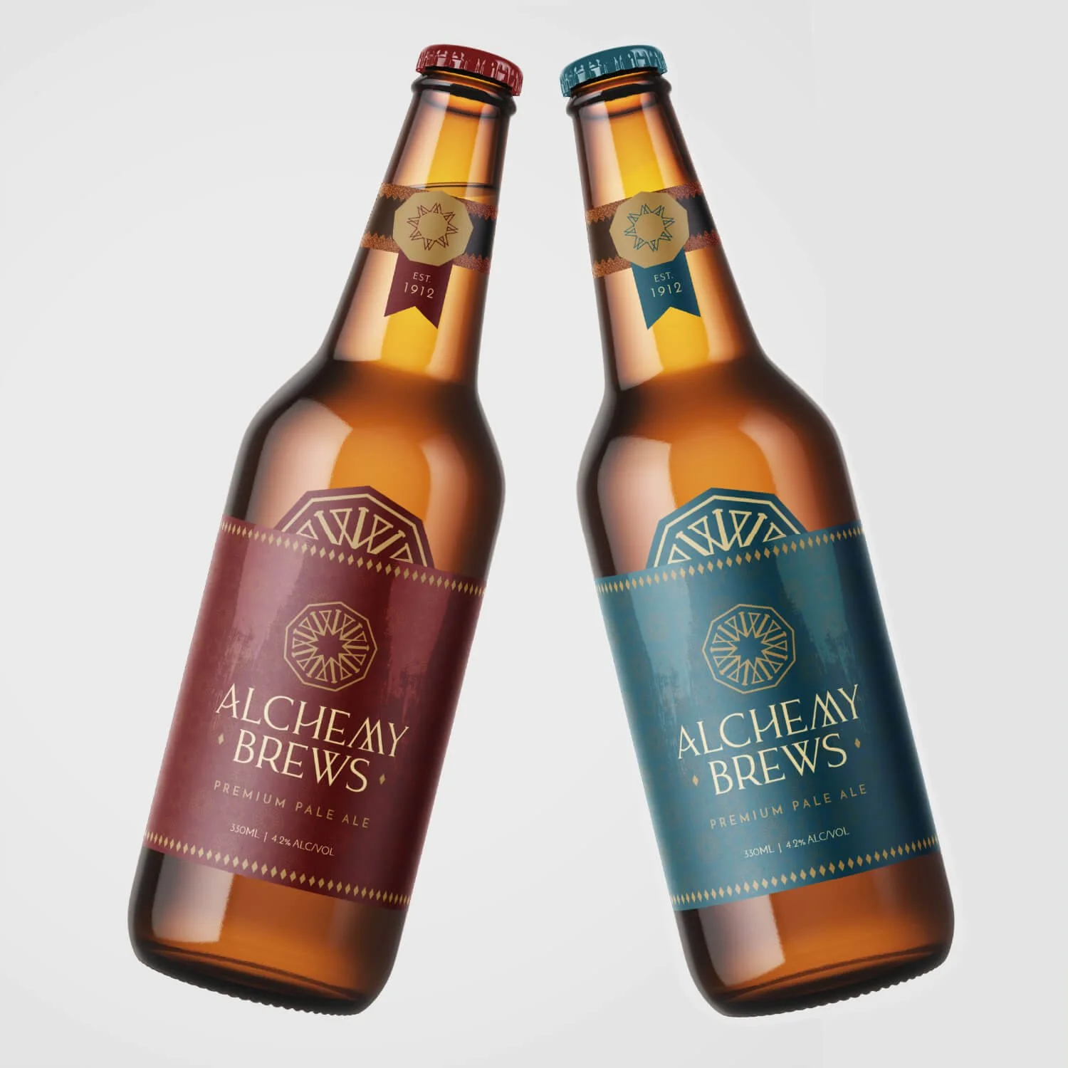 Alchemy Brews branding and beer bottle labels designed by graphic designer & motion designer, Moore Motion Design
