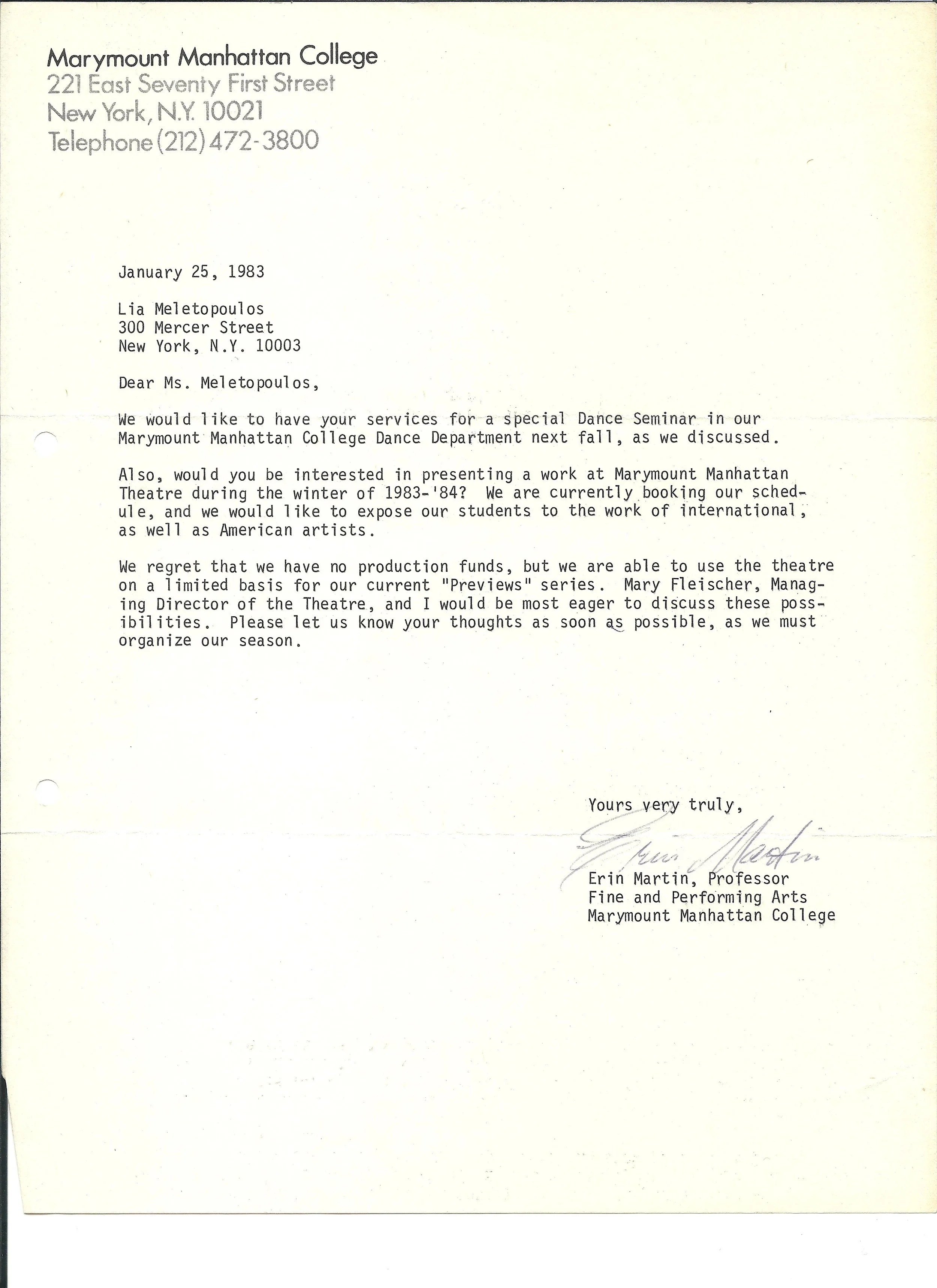 1983 ΠΡΟΣΚΛΗΣΗ ΑΠΟ ΤΟ MARYMOUNT MANHATTAN COLLEGE