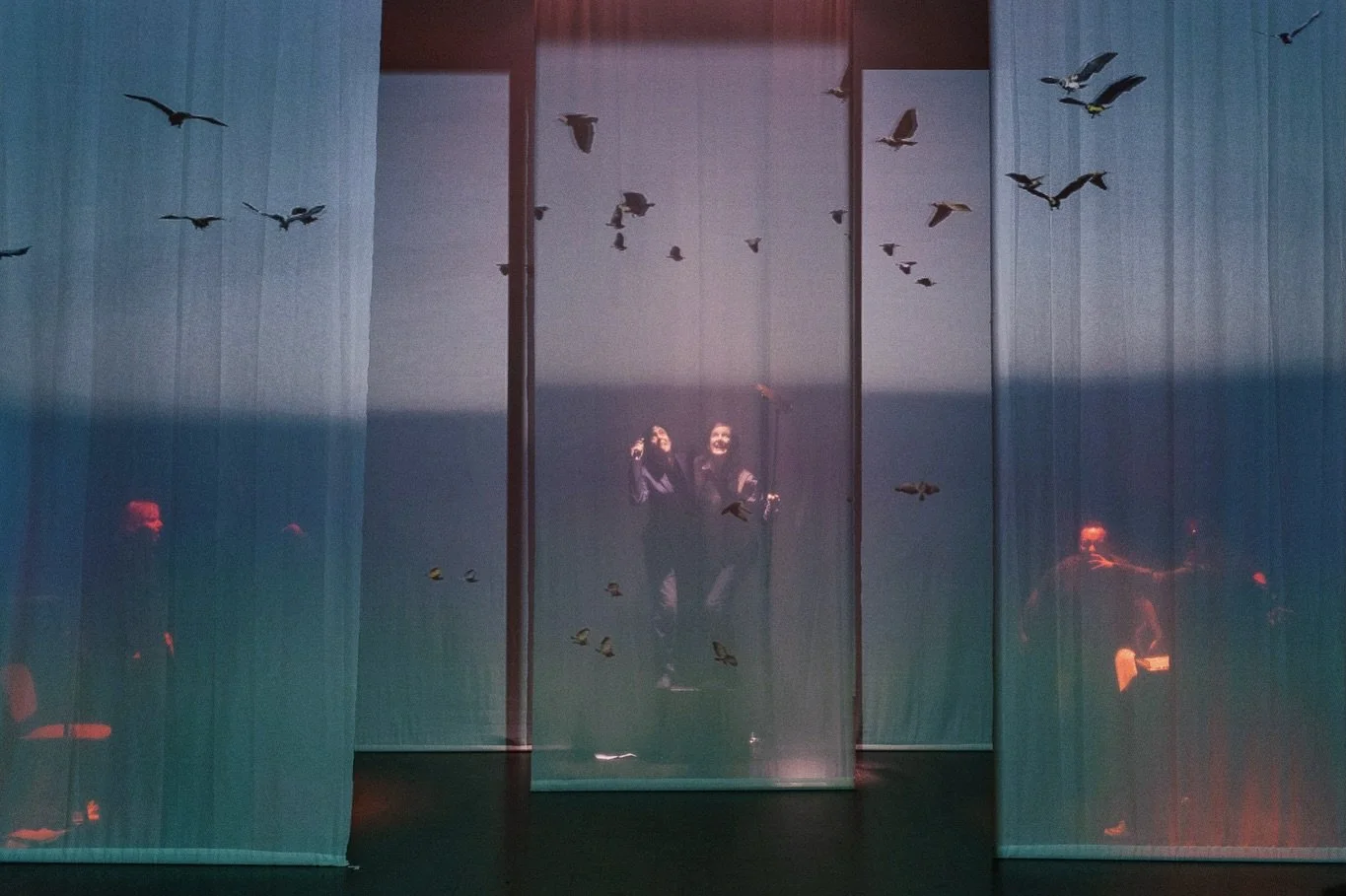 Some more pictures from the public sharing of The Birds. Dynamic and interactive projections that respond to the performers as they move&hellip;. So much more potential to discover! 
A great collaboration with @limbiktheatre and all of the wonderful 