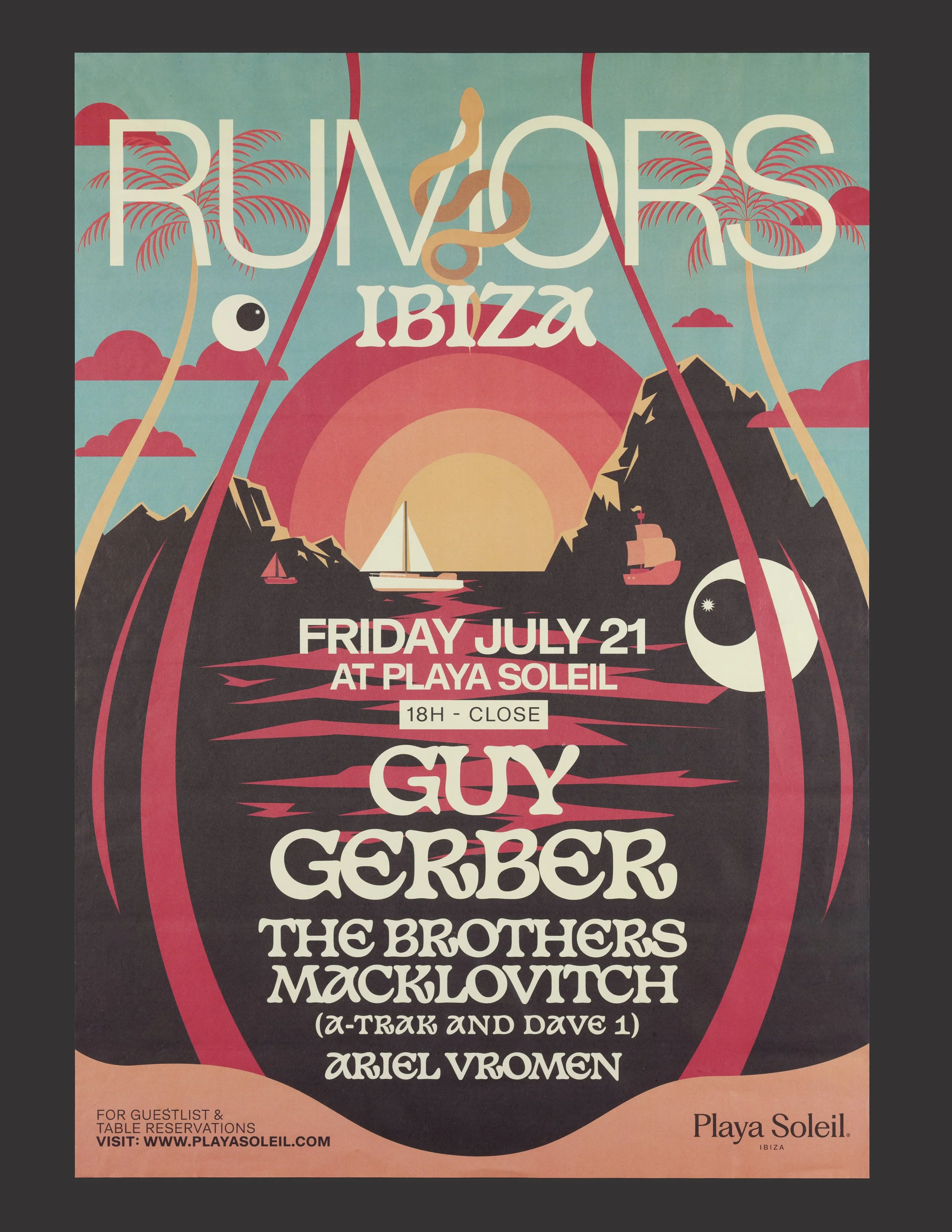 Affiche promotionnelle pour un événement à Playa Soleil Ibiza, le vendredi 21 juillet, avec une affiche colorée illustrant un coucher de soleil, une mer, des montagnes, deux yeux dessinés, et une tente dans un style artistique rétro.