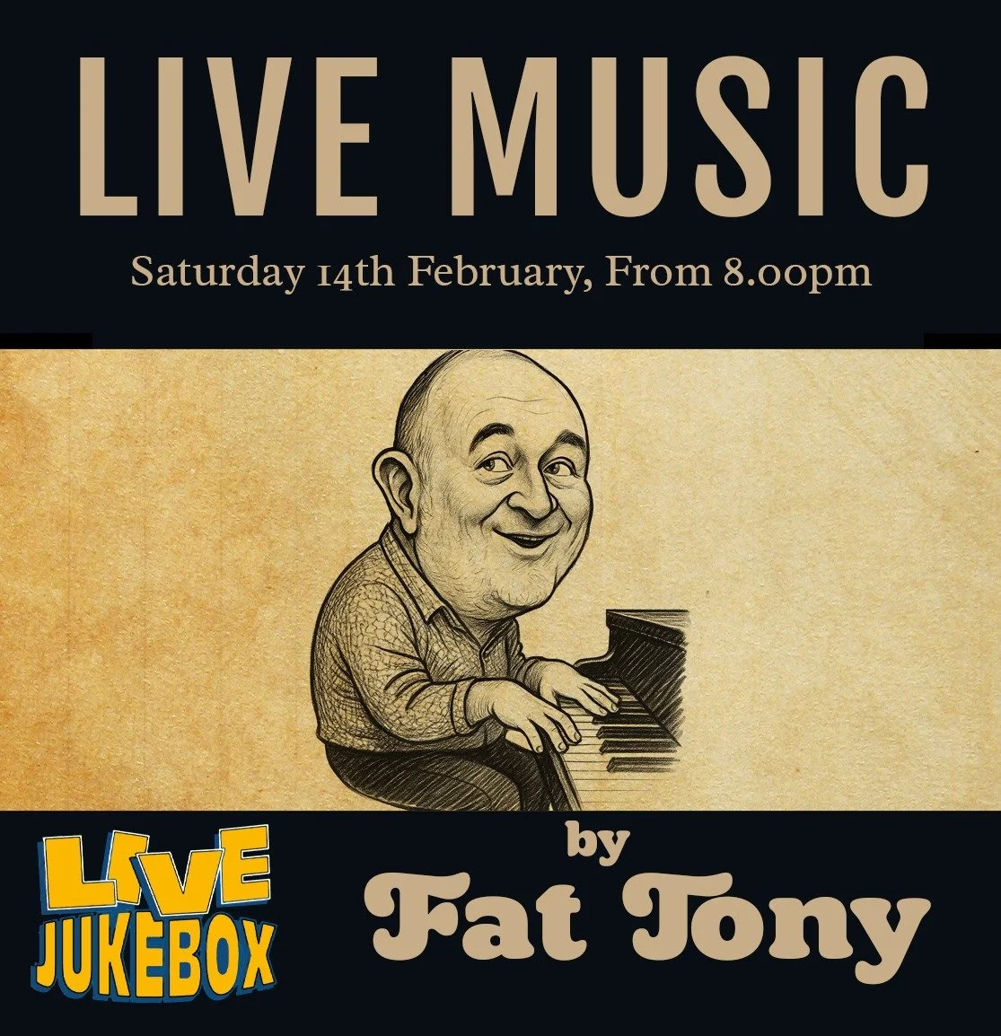 Live Music - Fat Tony's live Jukebox
Saturday 14th February | 8.00pm

For a personalised playlist this Valentines Day, we have the pleasure of welcoming Fat Tony and his amazing Live Jukebox.

You choose the playlist from the web app on the day, Tony