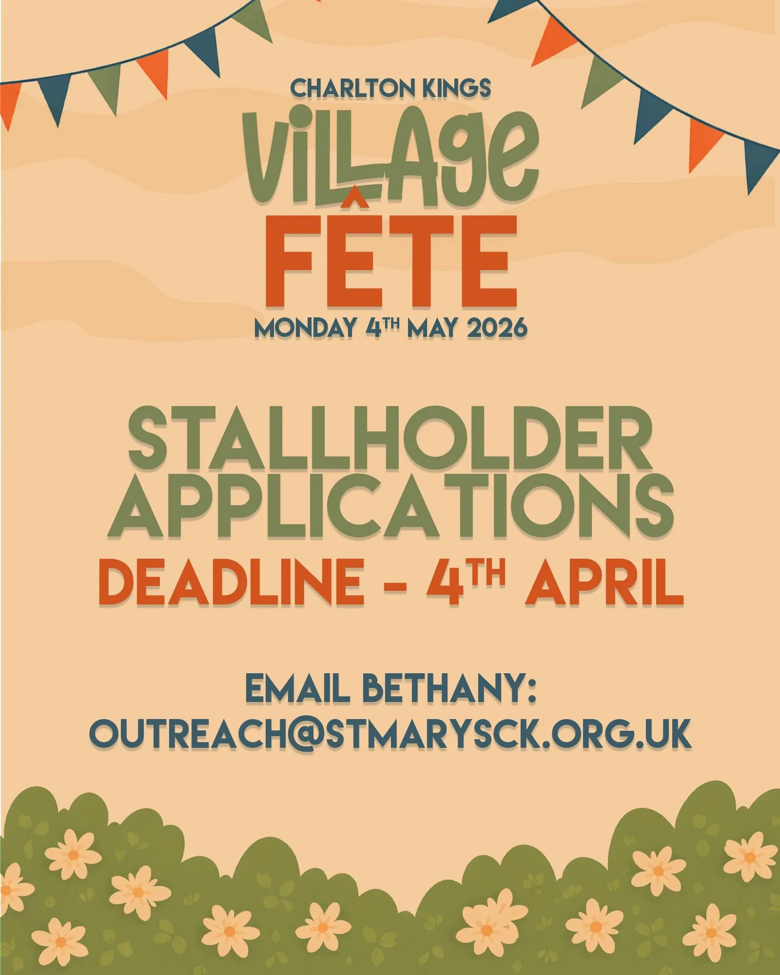 ⛪️ Charlton Kings Village Fete - Monday 4th May 🏡

A big thank you to everyone who has already applied to be part of the Charlton Kings Village Fete as a stall holder!

If you are thinking of joining us, applications close on April 4th.

We are stil