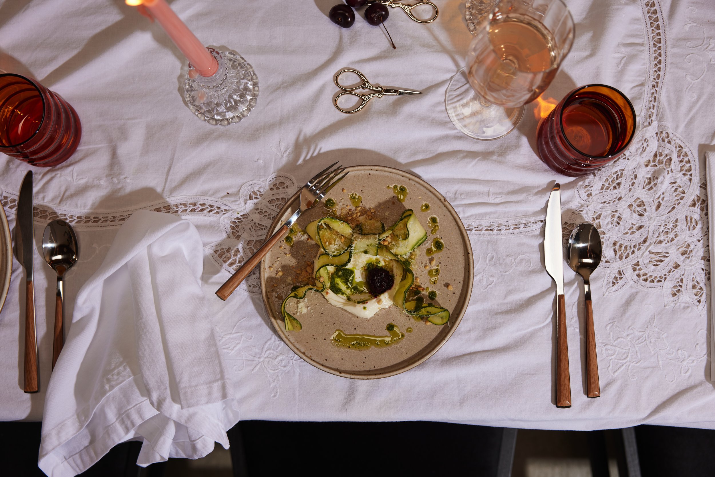 Creative Supper Club LA- Zucchini Carpaccio with whipped ricotta + black cherry gelee