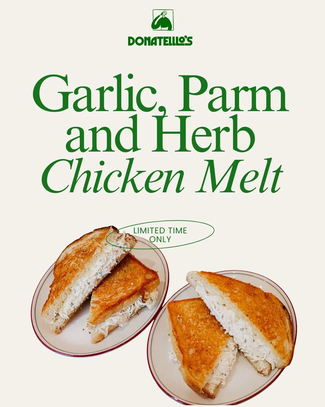 Another week another special 😀  for a limited time only, Garlic Parmesan  and Herb Chicken Melt.
.
.
#brunswick#matcha#donatelllos#coffee