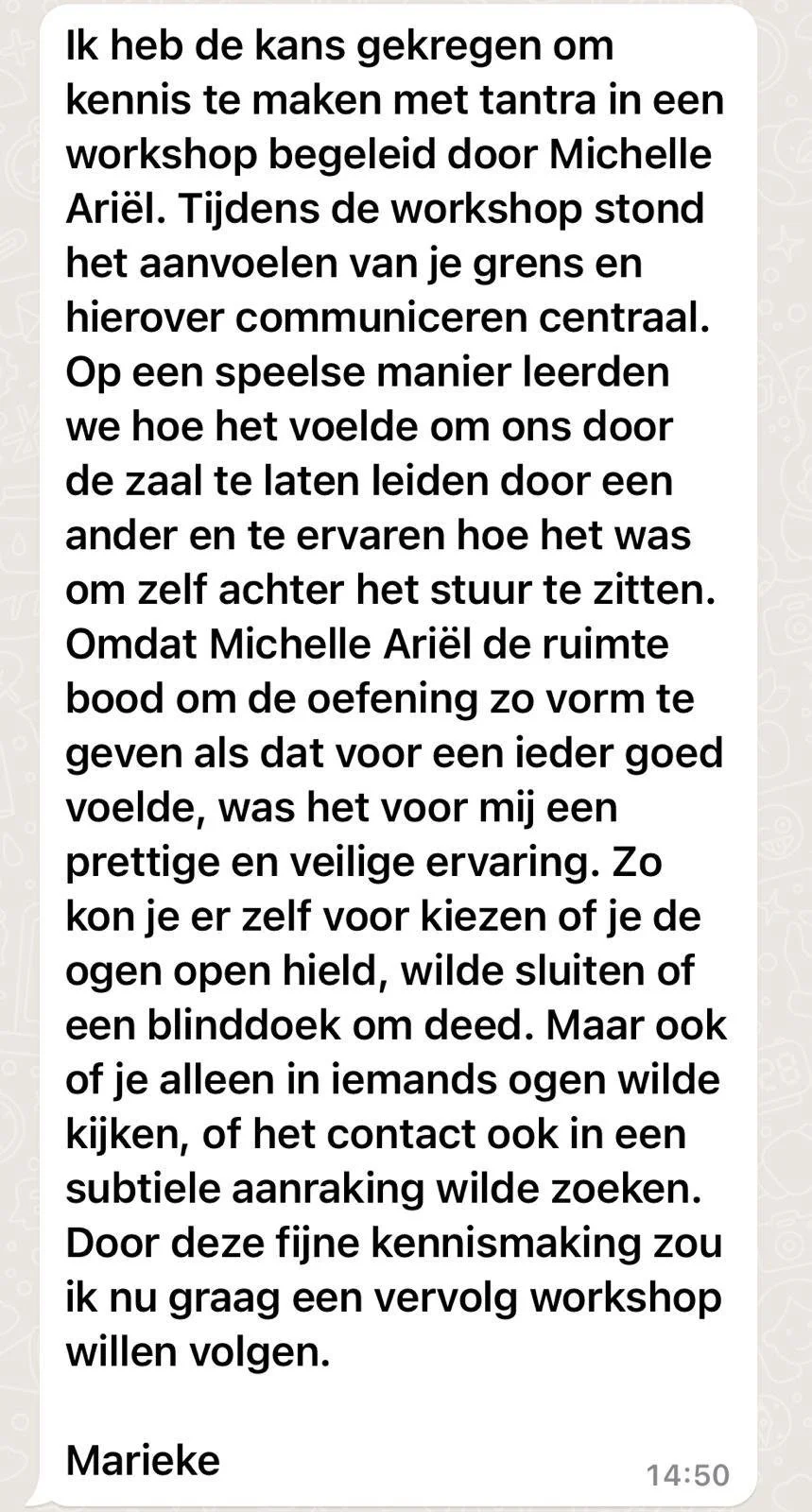 A screenshot of a WhatsApp conversation in Dutch about a workshop on tantra led by Michelle Ariel.