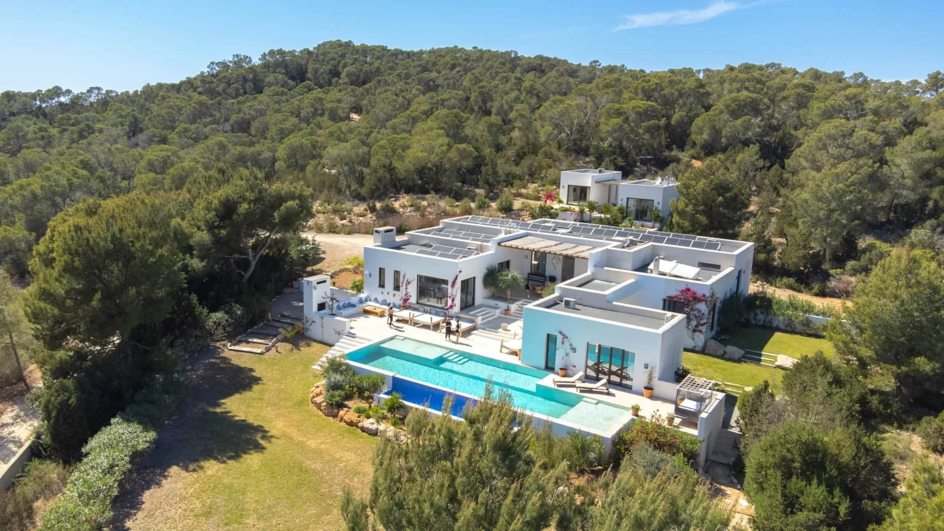 A modern white house with a swimming pool in a lush green environment, surrounded by trees and a grassy yard.