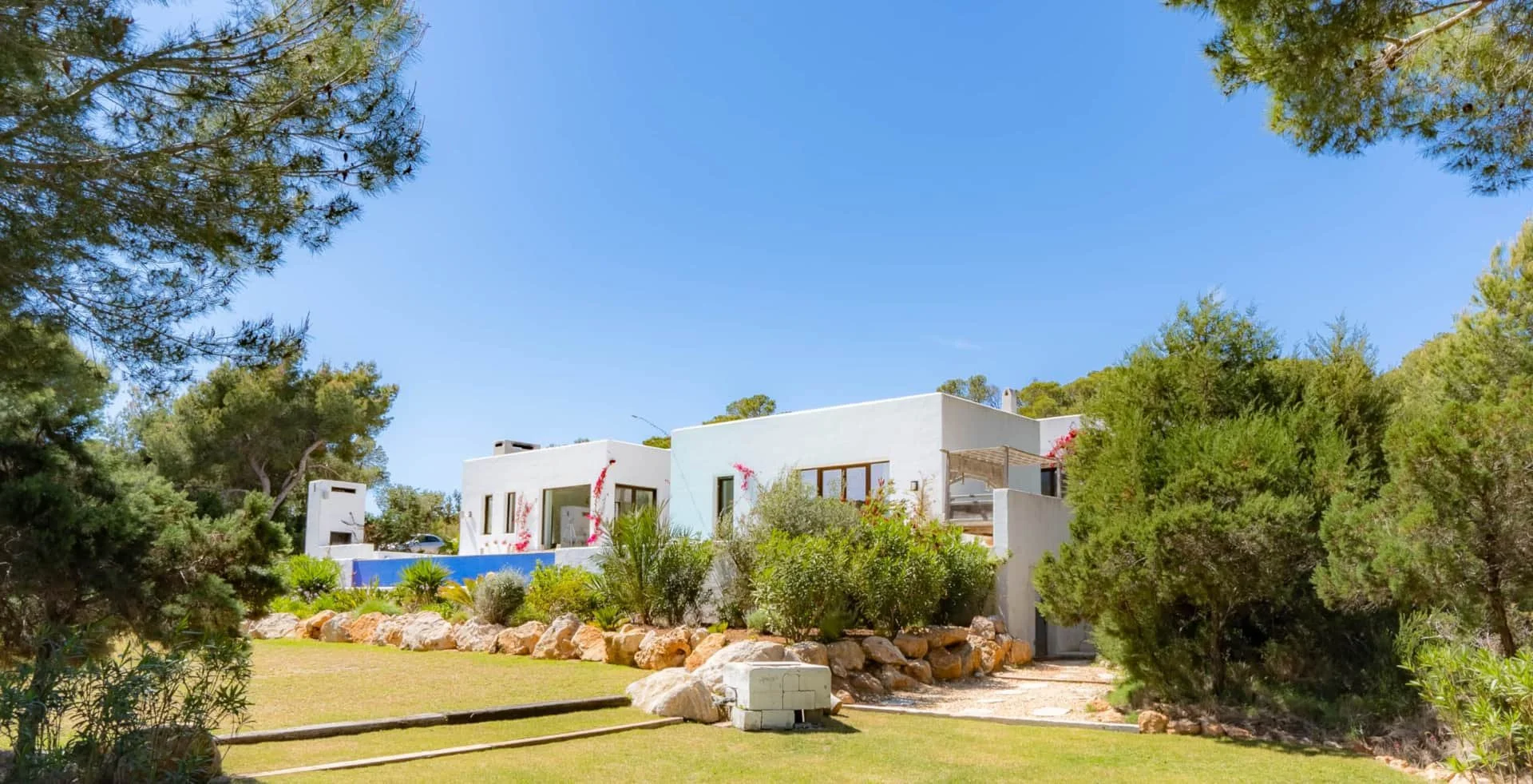 Modern white houses with flat roofs and large windows surrounded by palm trees, shrubs, and rocks on a sunny day with clear blue sky.