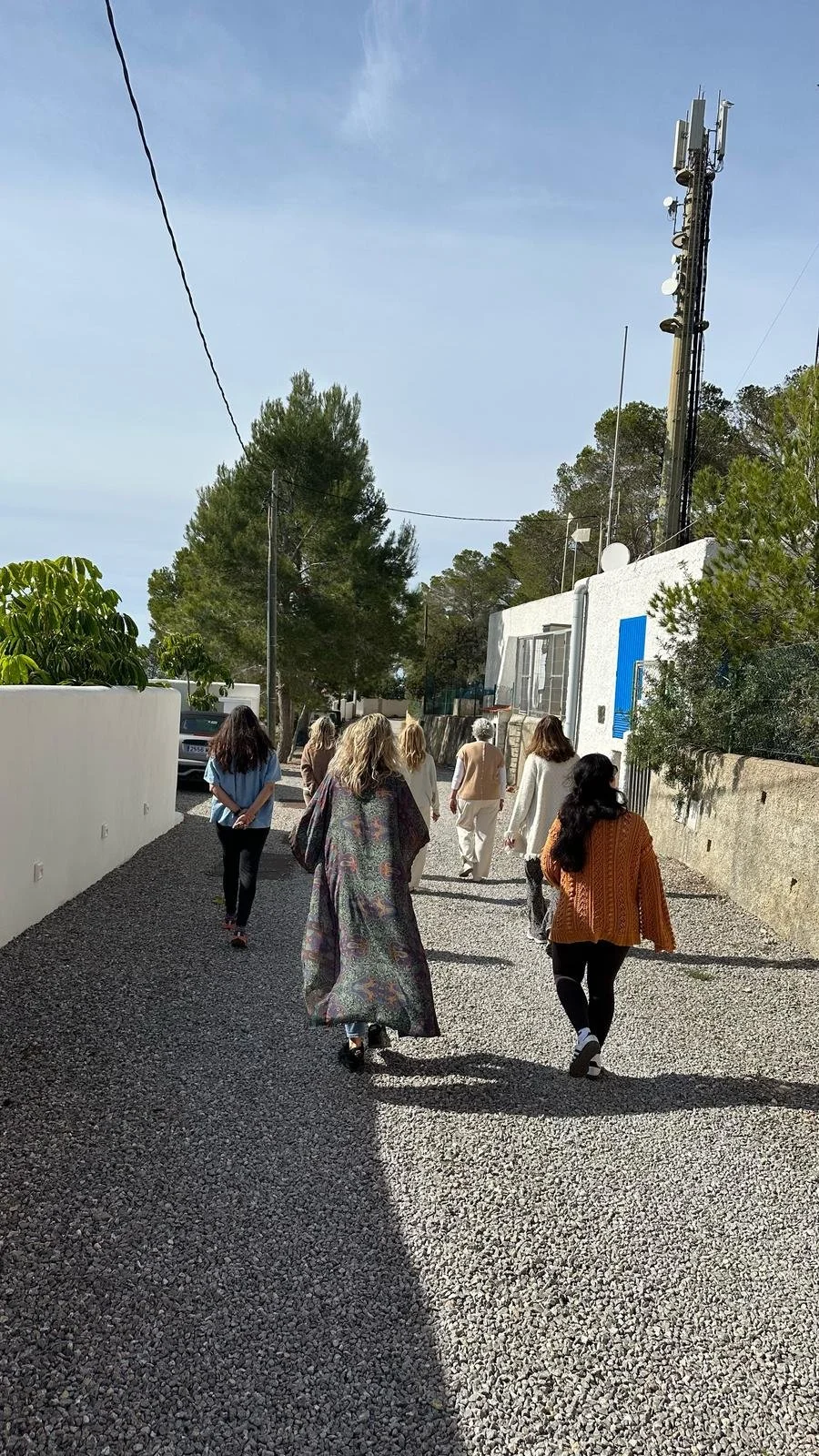 A group of women walking down a gravel alleyway in a sunny, residential area with white walls, trees, and utility poles.
