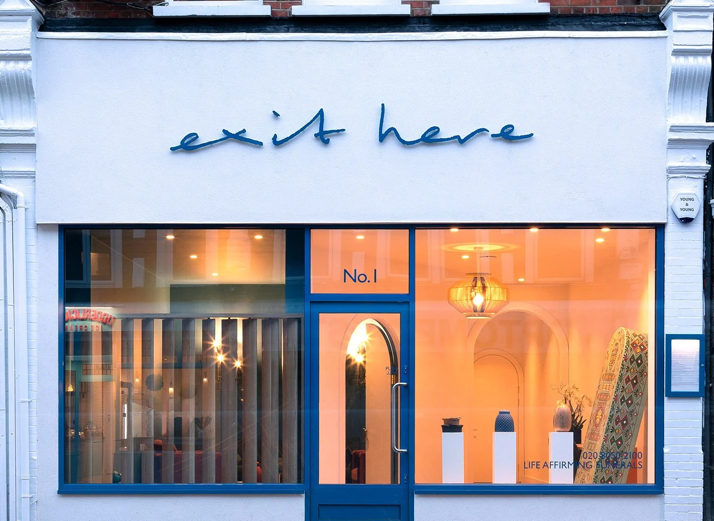 Front view of Exit Here Funeral Directors on the Broadway in Crouch End