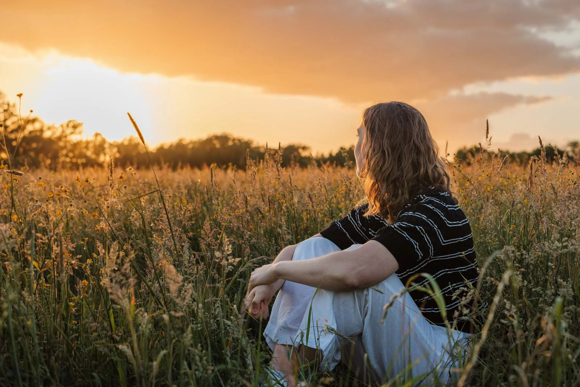 "Amber Sels zittend in een veld vol hoog gras, kijkend naar de zonsondergang – dromerig sfeerbeeld met zachte kleuren en natuurlijk licht"