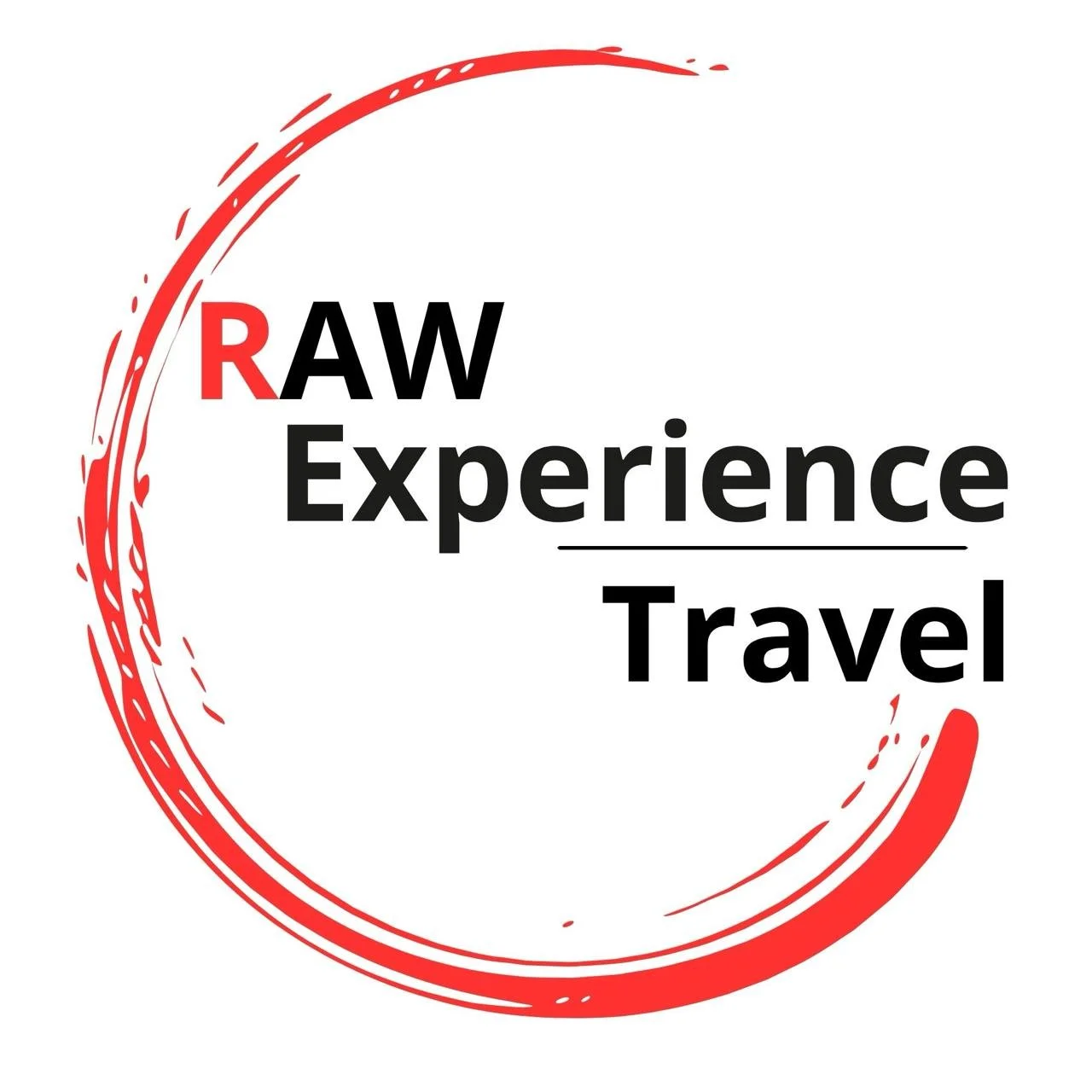 Logo with red and black circular brushstroke design, text reads 'RAW Experience Travel' with 'RAW' in red and the other words in black.