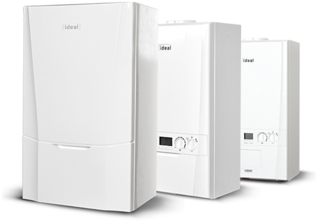 Three white gas boilers or water heaters with control dials and digital display.