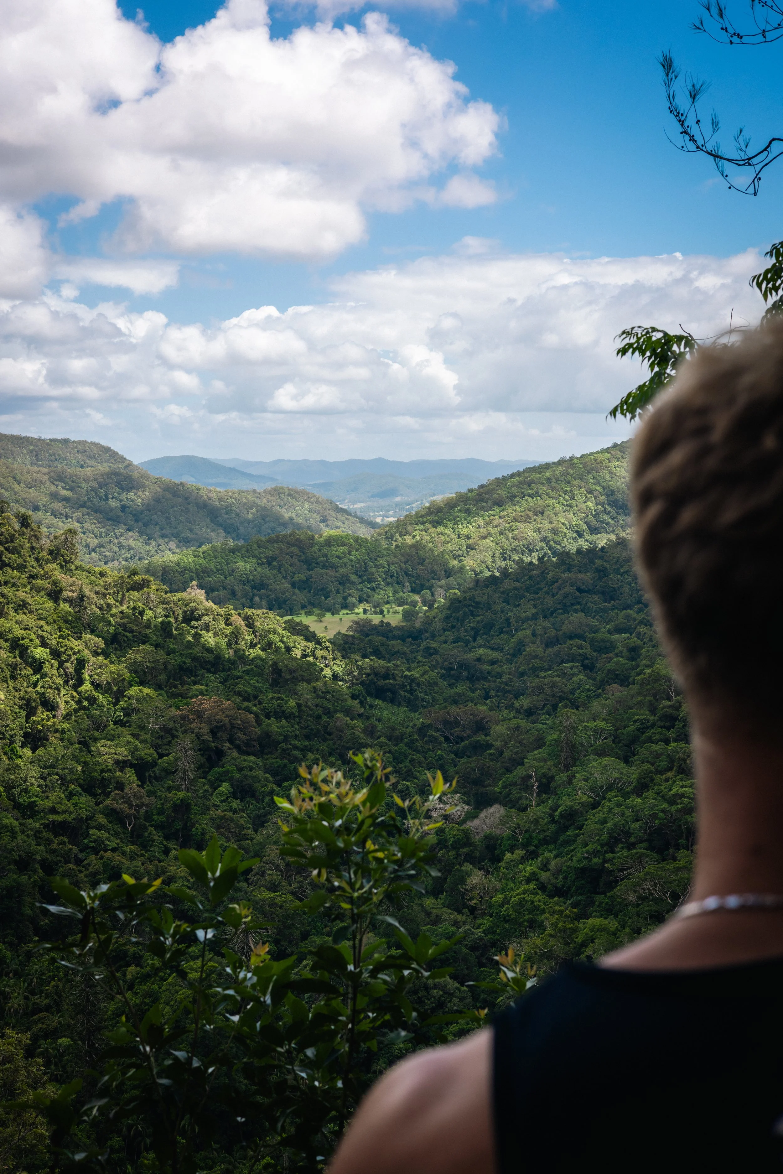 View of a lush green mountain landscape with a partly cloudy sky, seen from behind a person with short blonde hair, wearing a dark sleeveless top and a necklace.