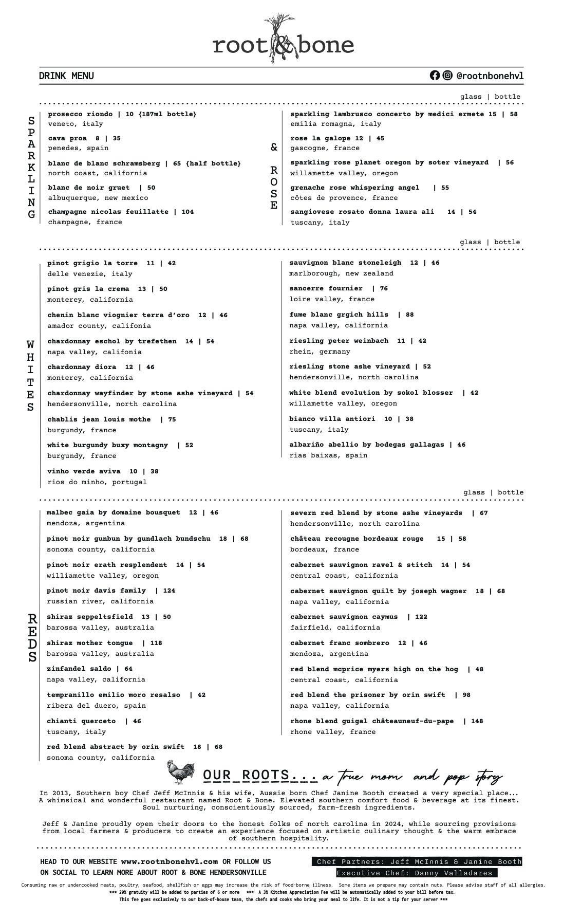 Menu list of wines and beverages from Root & Bone restaurant, featuring various wine options with descriptions and prices, displayed on a printed menu with the restaurant's logo and social media info at the top.