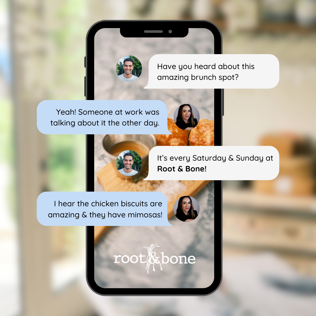 Screenshot of a mobile phone displaying a text message conversation about a brunch spot called Root & Bone, featuring images of chicken biscuits and mimosas. The background appears to be a cozy kitchen or cafe setting.