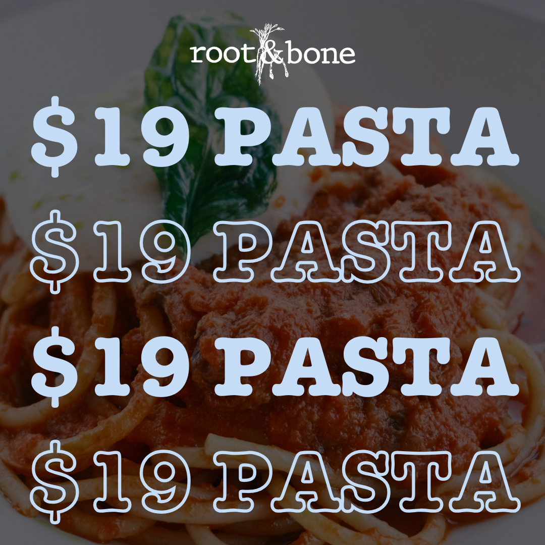 Overlay of text advertising spaghetti and pasta prices on a blurry background of pasta with sauce and basil leaf.