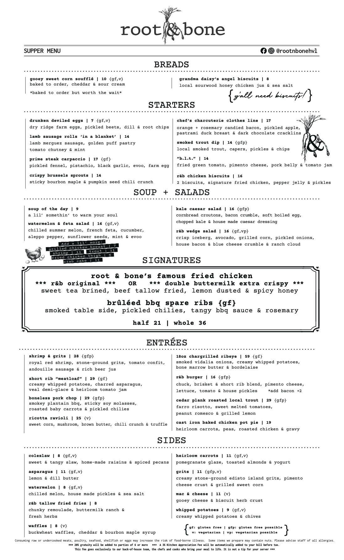Root & Bone restaurant menu with sections for breads, starters, soups, salads, signatures, entrees, and sides, listing various dishes and prices.
