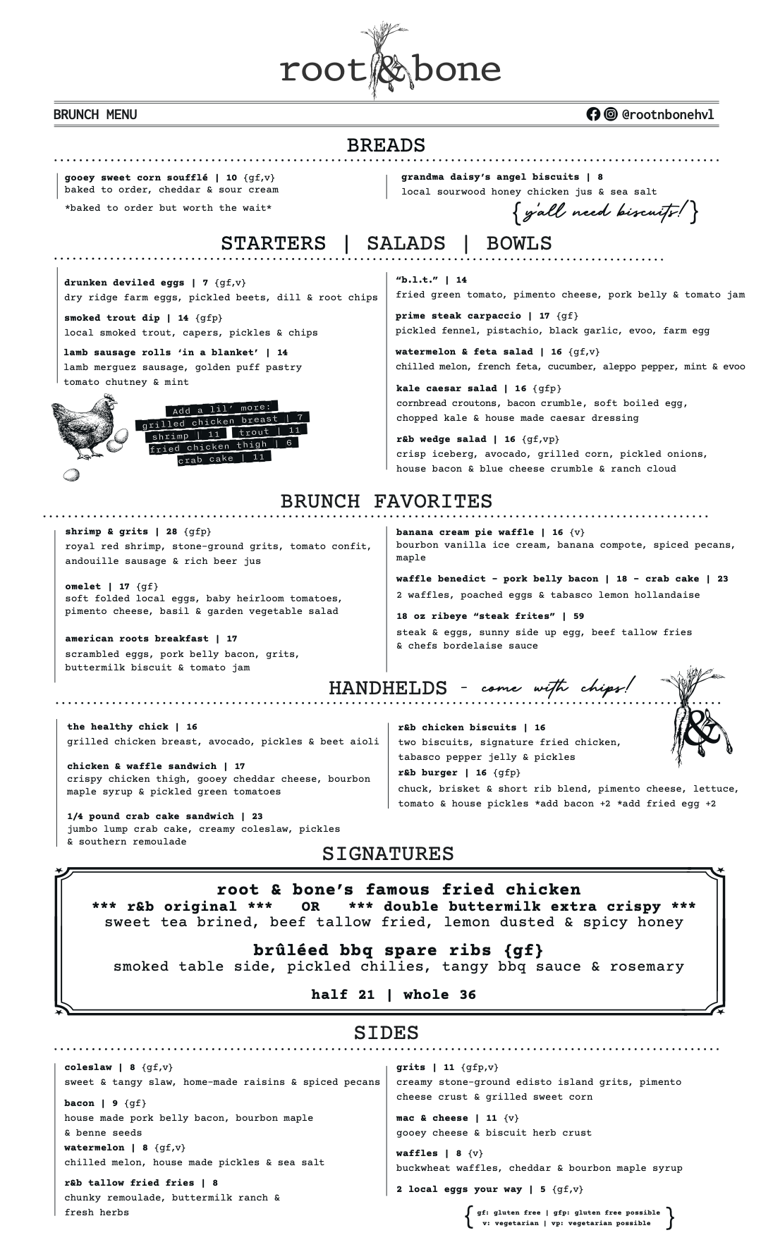 Brunch menu from Root & Bone restaurant featuring breads, starters, salads, bowls, brunch favorites, handhelds, signatures, and sides, with illustrations of a chicken and roots.