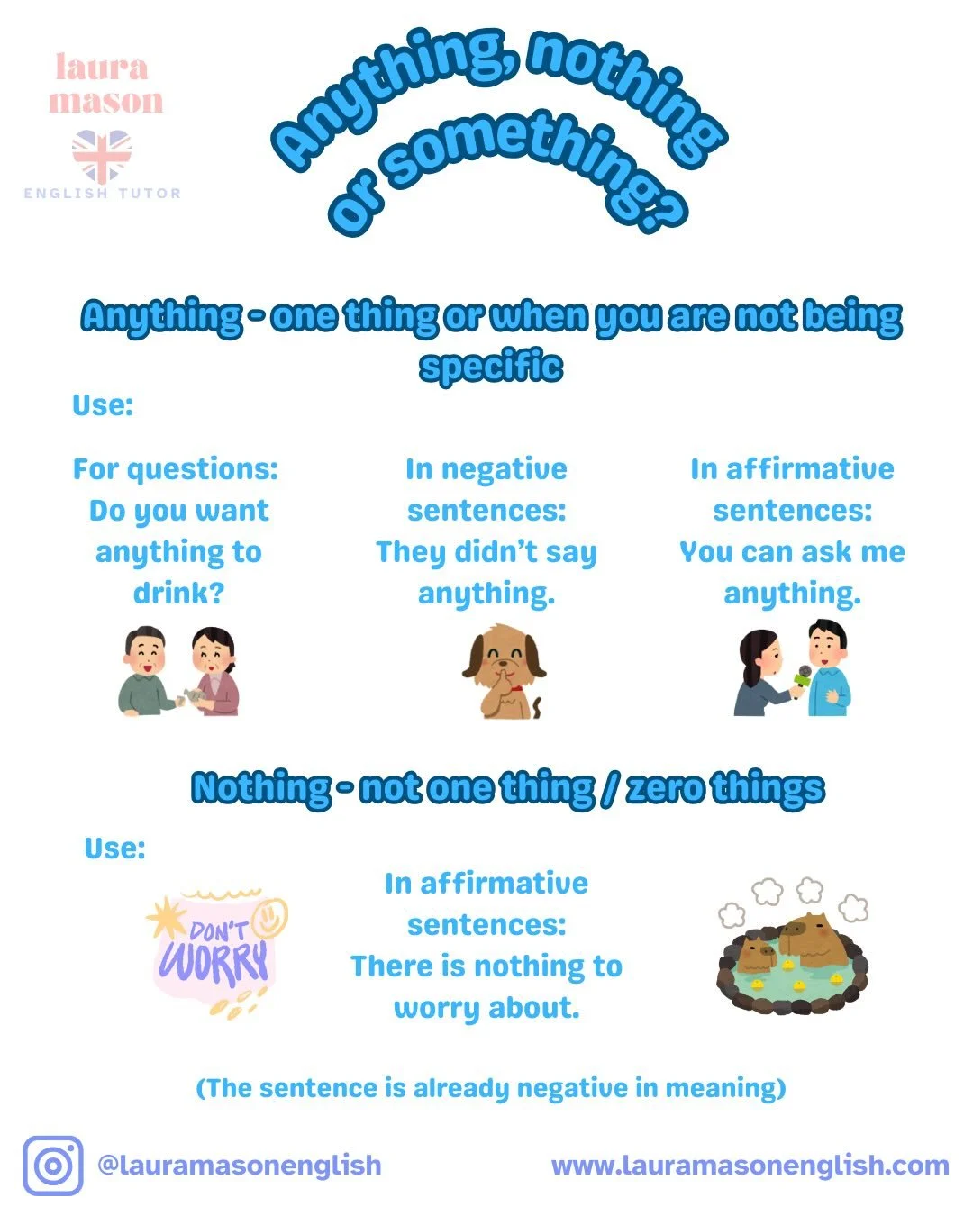 Anything, nothing or something?
.
Save this quick guide to help you know which one to use in your sentences and questions ✏️