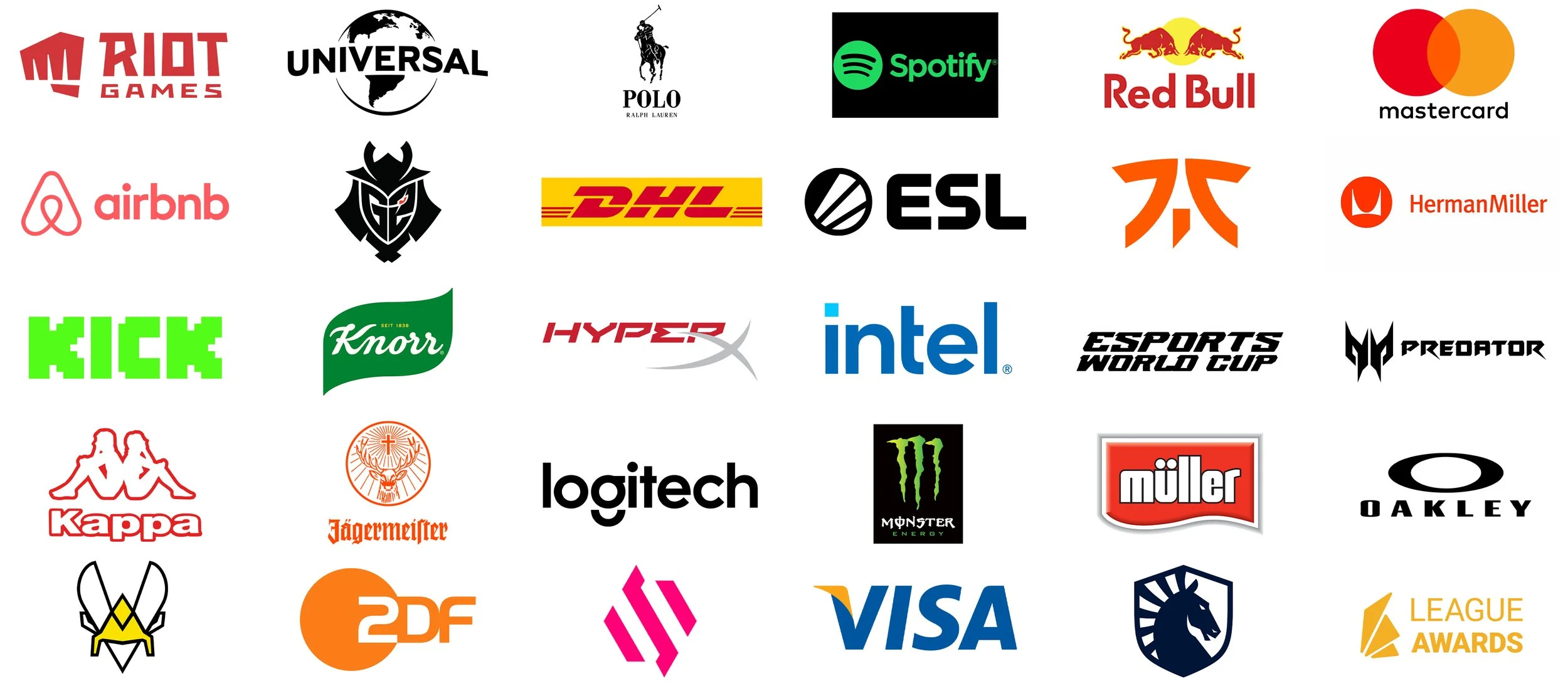 Collection of logos from various companies and brands, including Riot Games, Universal, Polo Ralph Lauren, Spotify, Red Bull, Mastercard, Airbnb, G2 Esports, DHL, ESL, Fnatic, Herman Miller, Kick, Knorr, HyperX, Intel, ESL Esports, Predator, Kappa, Jägermeister, Logitech, Monster Energy, Müller, Oakley, Kaspersky, League Awards, VISA, Team Liquid, and ZDF.