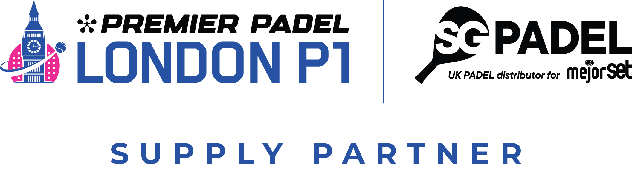 Logo for London P1 Premier Padel with the Big Ben clock tower graphic on the left, and the text 'LONDON P1' and SG Padel 'SUPPLY PARTNER' underneath.