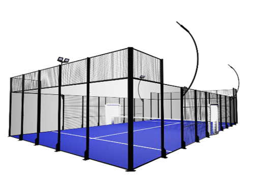 A MejorSet padel tennis court with black fence around it and a blue playing surface.