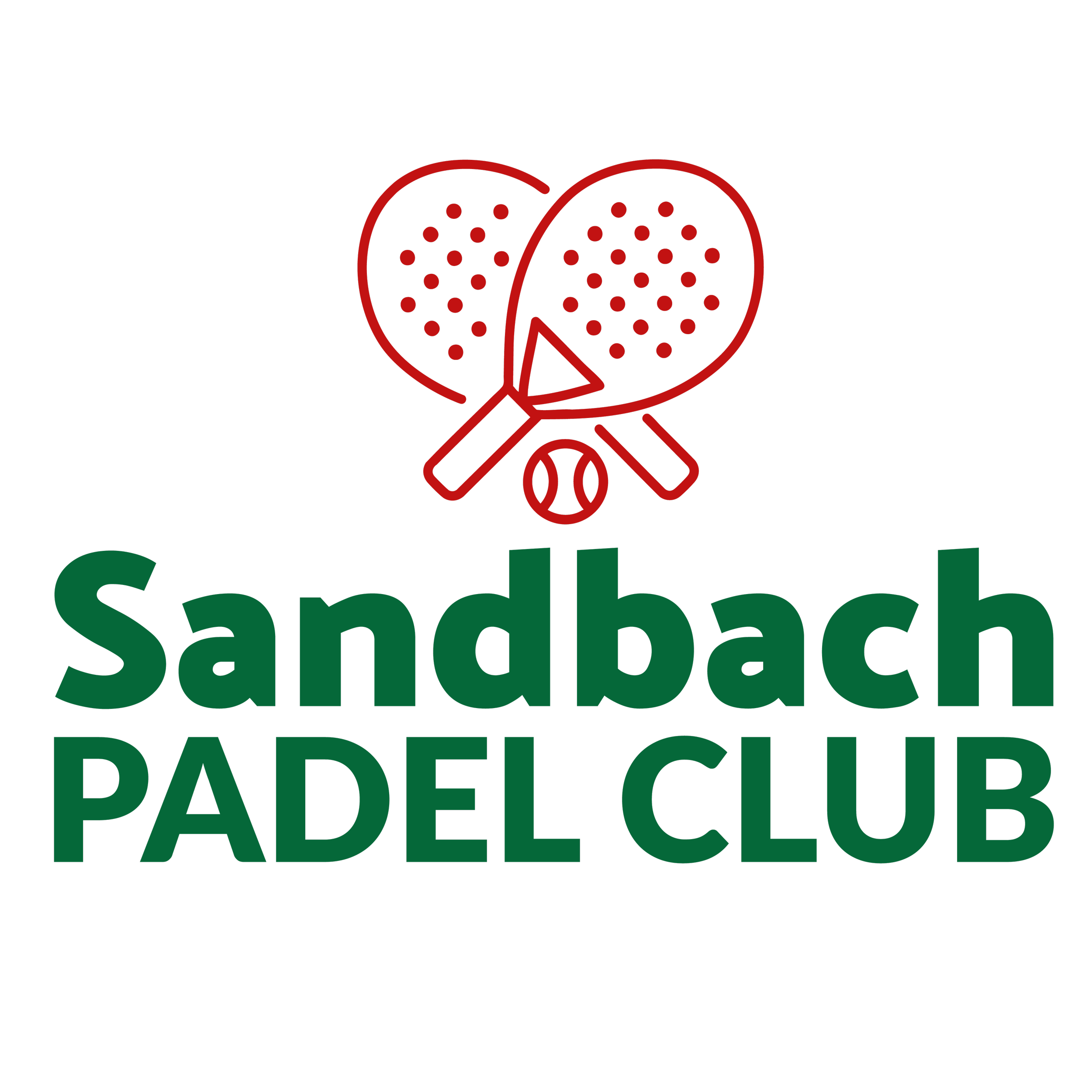 A logo for Sandbach Padel Club featuring a stylized illustration of two padel rackets with dotted lines representing the strings, and the word 'Sandbach' in large green letters.