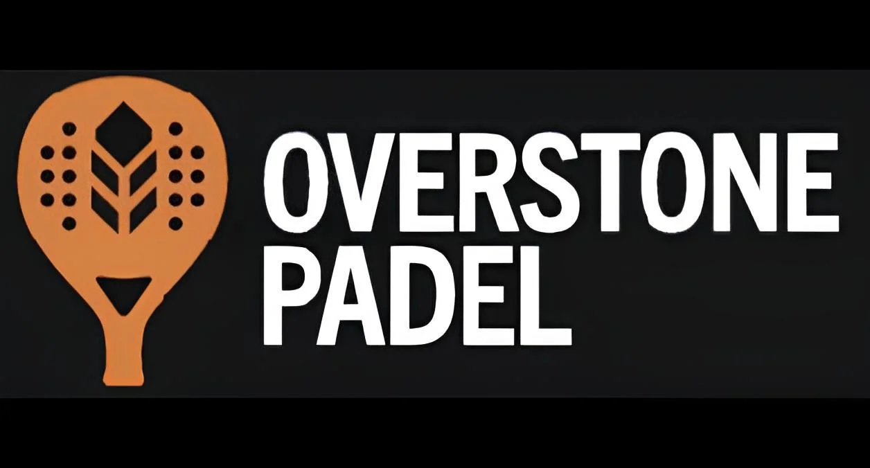 Logo for Overstone Padel featuring an orange padel racket with black design elements and the company name in white text on a black background.