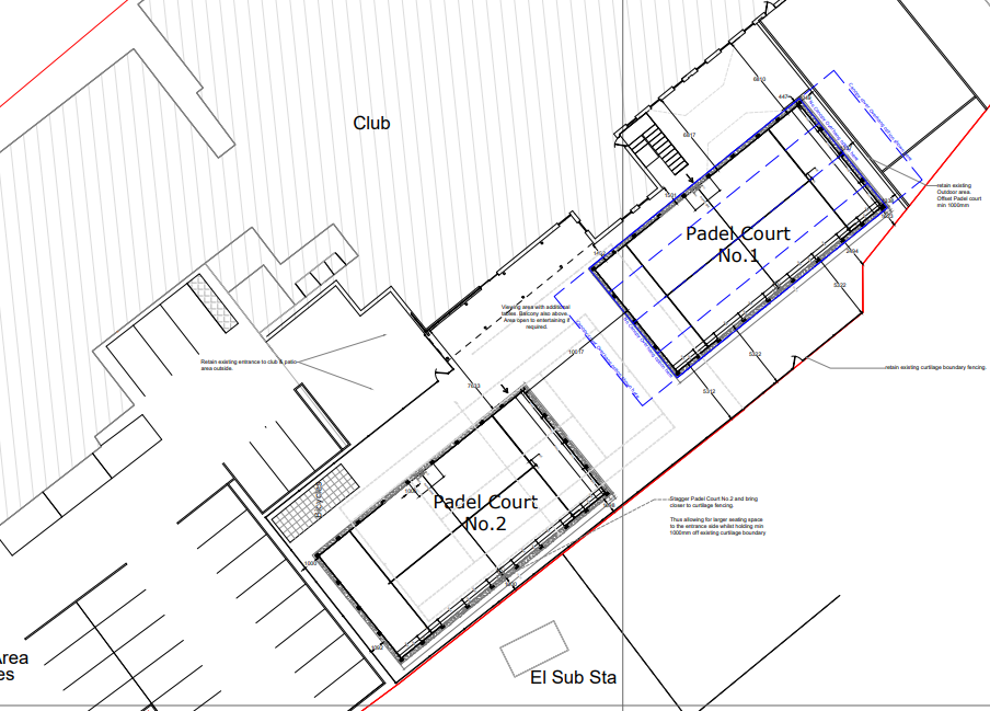 Architectural blueprint showing layout of two padel courts labeled No.1 and No.2, with surrounding structures including a club area, parking, and an electrical substation. Details include boundary lines. UK Padel Planning