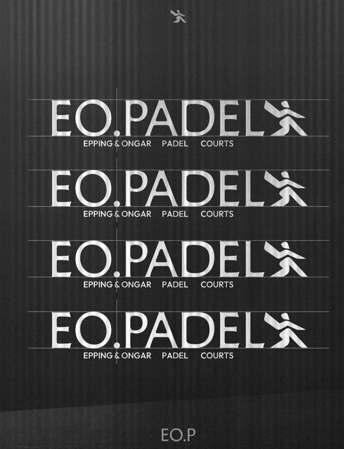 Epping and Ongar Padel sign with E.O Padel Repeating with a Logo in the shape of a Padel player. White text and logos on a grey background resembling a Padel court Mesh