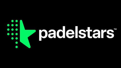 Padelstars logo with a green star and dotted pattern on black background.