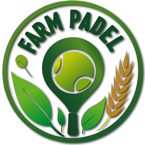 Logo for Farm Padel featuring a tennis ball surrounded by green leaves, a small green leaf, and a wheat stalk.