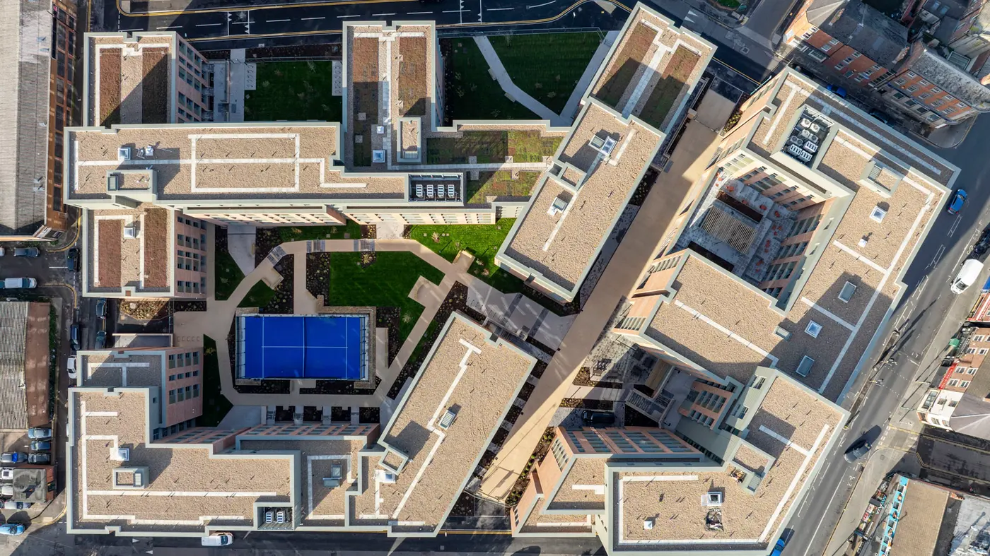 An Arial view of University of Nottingham Centre Court accommodation and the Padel Court in the middle
