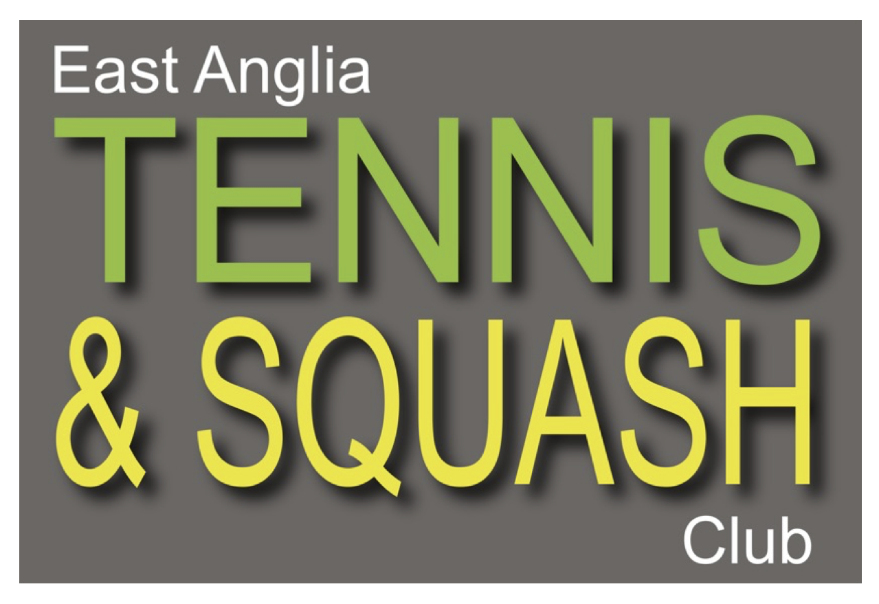 Sign for East Anglia Tennis & Squash Club with green, yellow, and white text on a grey background.