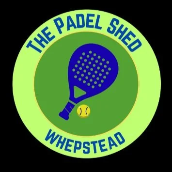 Logo for The Padel Shed Whepstead featuring a blue padel racket and a yellow padel ball inside a green circle with blue text.