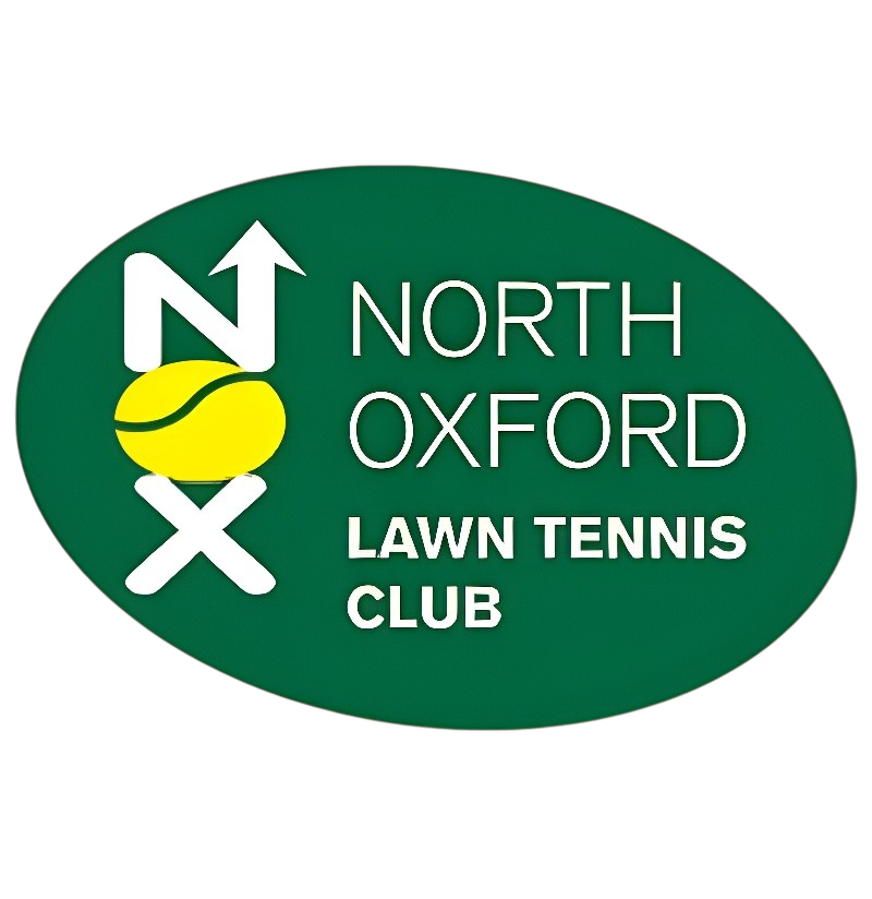 Oval logo for North Oxford Lawn Tennis Club with a green background, white text, yellow tennis ball, and a tennis court diagram.