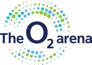 Logo for The O2 Arena with blue and green dotted circle surrounding the text