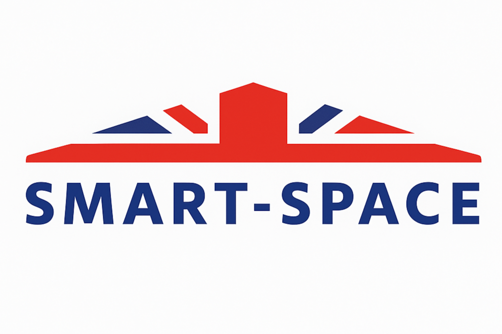 Logo with a rooftop with the british flag and the text 'SMART-SPACE' in blue. Smartspace build Canopies for Padel in the UK