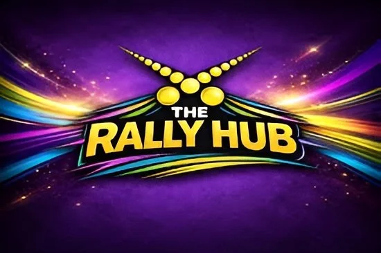 Logo for The Rally Hub with yellow Padel Balls and colorful light streaks on a purple background.
