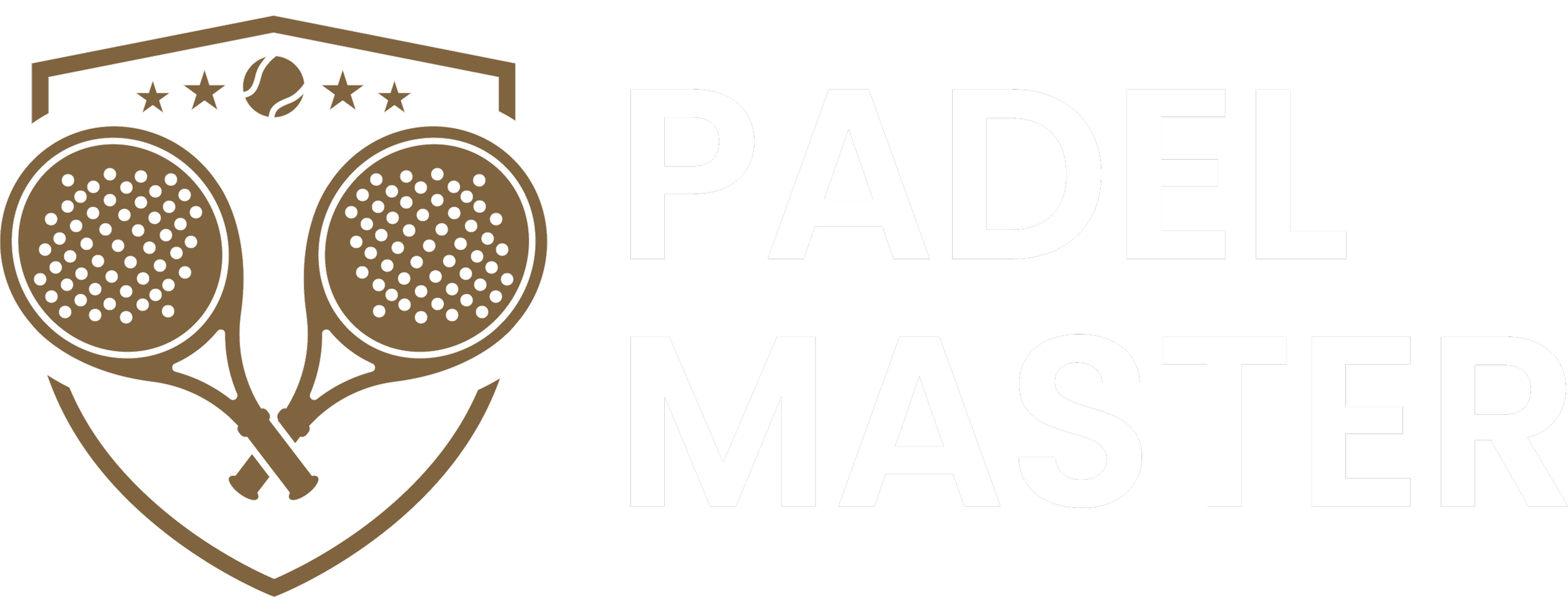 Logo for Padel Master featuring a shield with two padel tennis rackets crossed inside and a tennis ball at the top, accompanied by the text 'PADEL MASTER' in bold white letters on a black background.