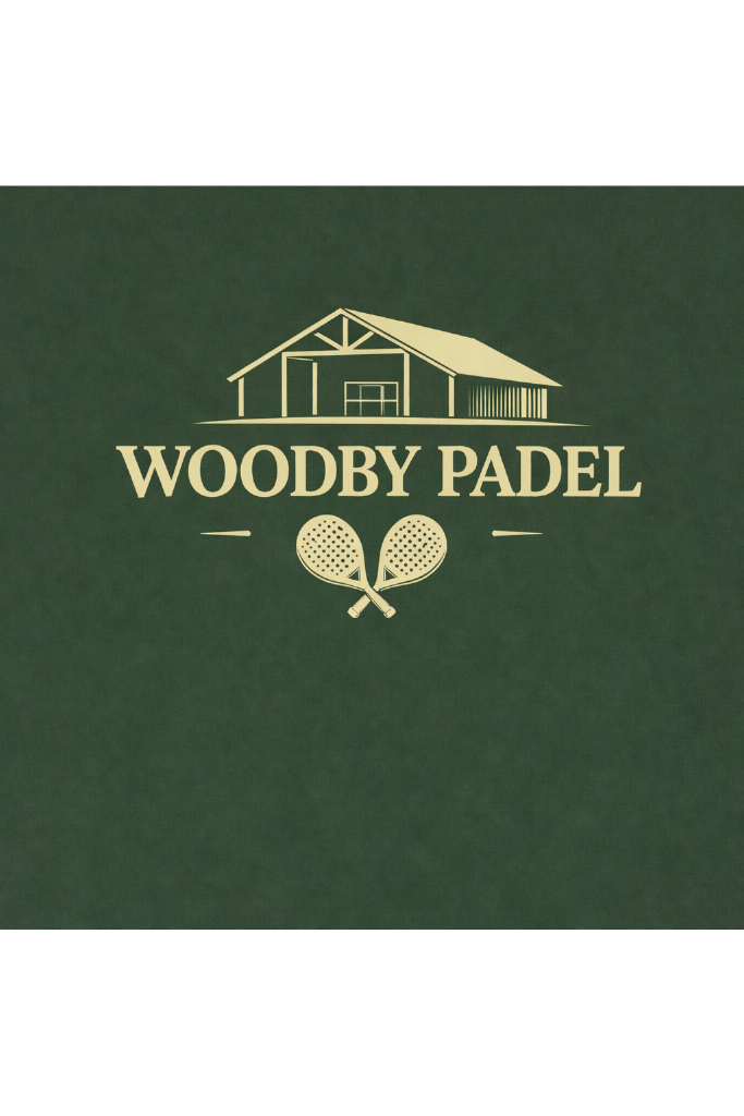 Logo for Woodby Padel featuring a house outline and two crossed padel rackets.